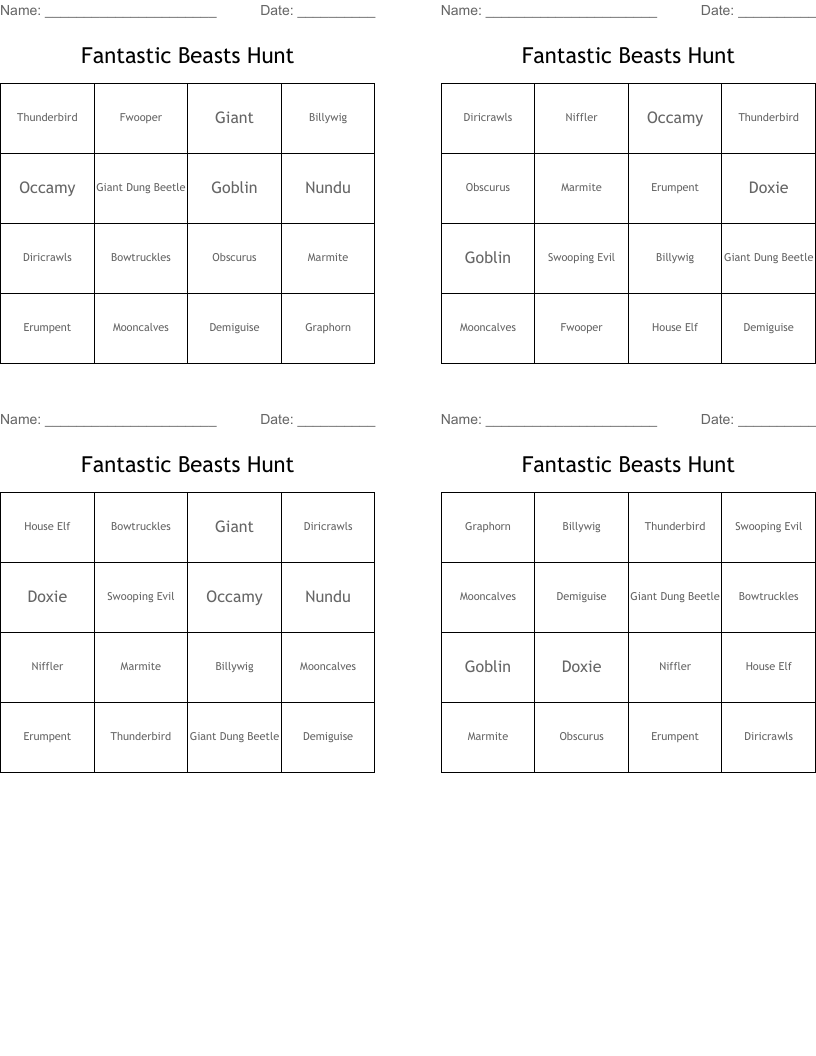 Fantastic Beasts Hunt Bingo Cards