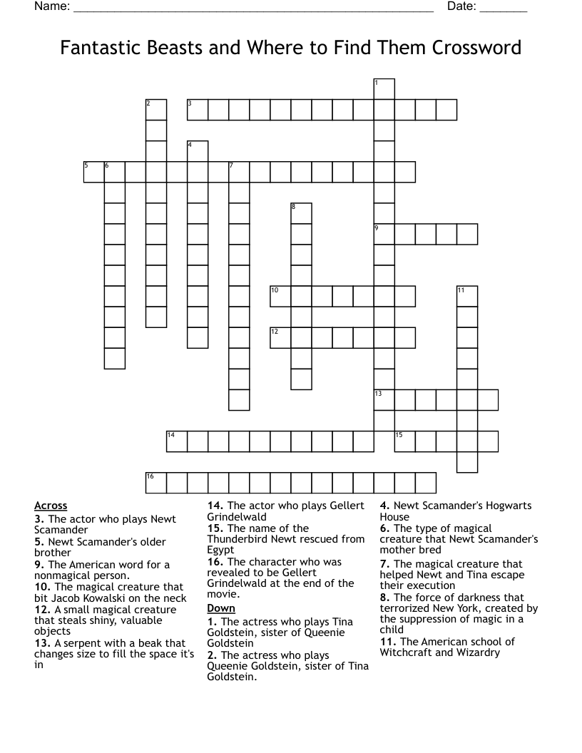 Fantastic Beasts and Where to Find Them Crossword