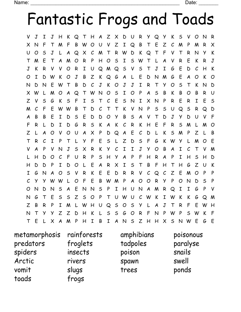 Fantastic Frogs and Toads Word Search
