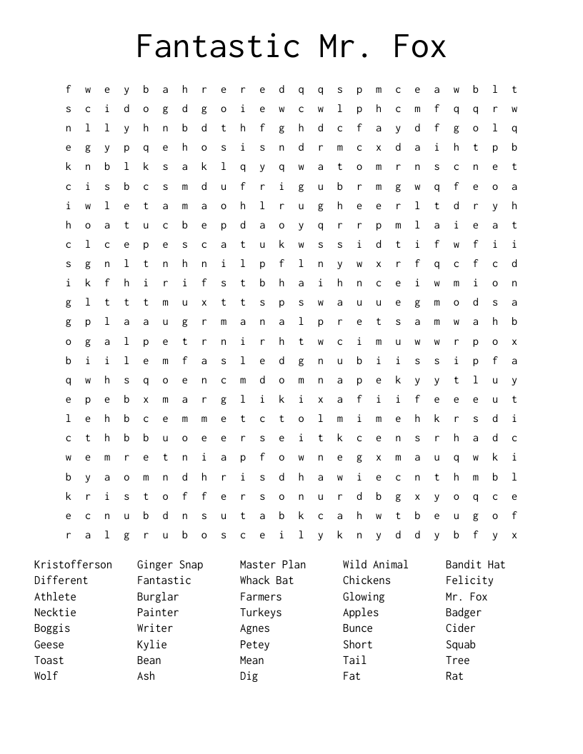 Fantastic Mr. Fox Word Search