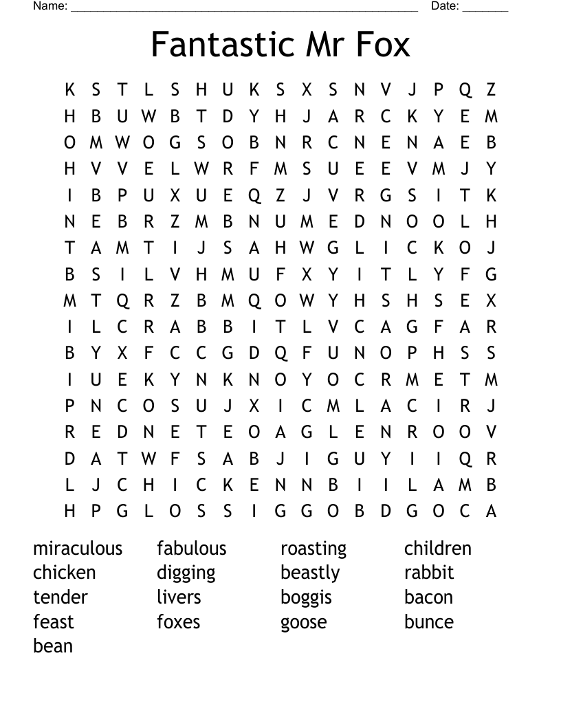 Fantastic Mr Fox Word Search