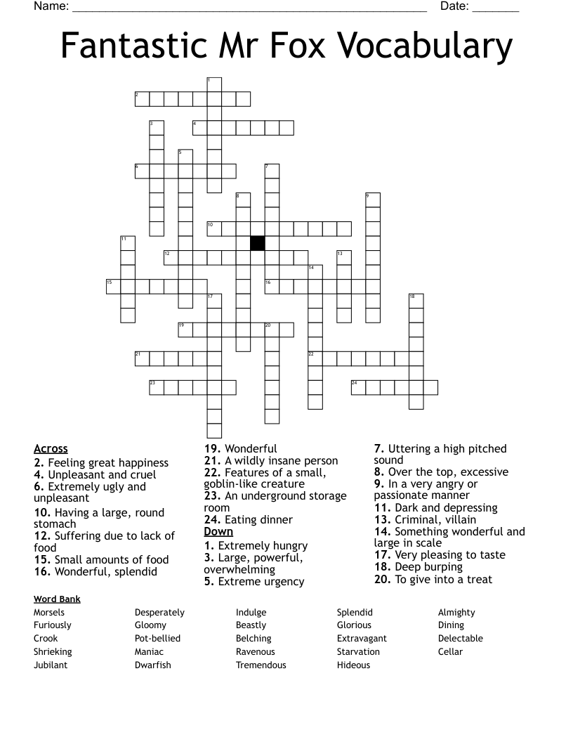 Fantastic Mr Fox Vocabulary Crossword