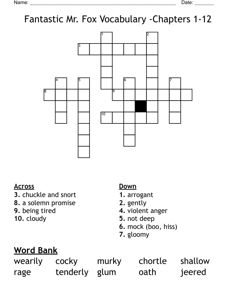 Fantastic Mr. Fox Vocabulary -Chapters 1-12 Crossword