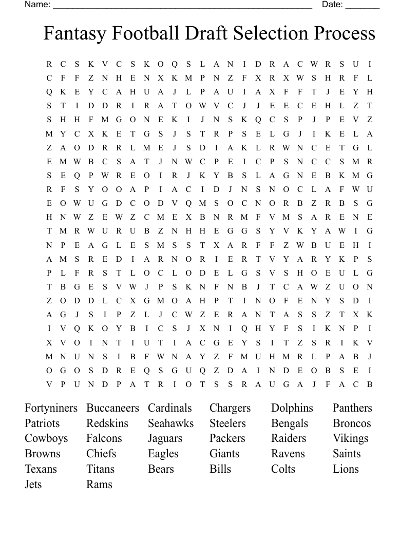 Fantasy Football Draft Selection Process Word Search