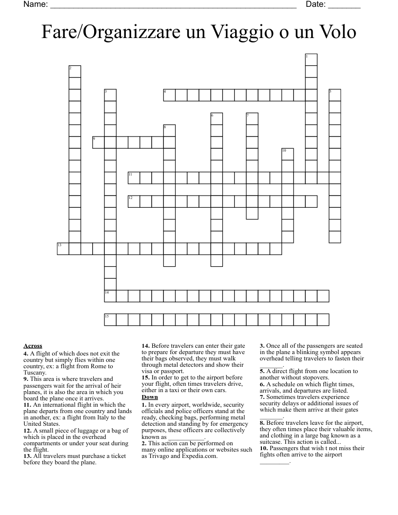 Fare/Organizzare un Viaggio o un Volo Crossword