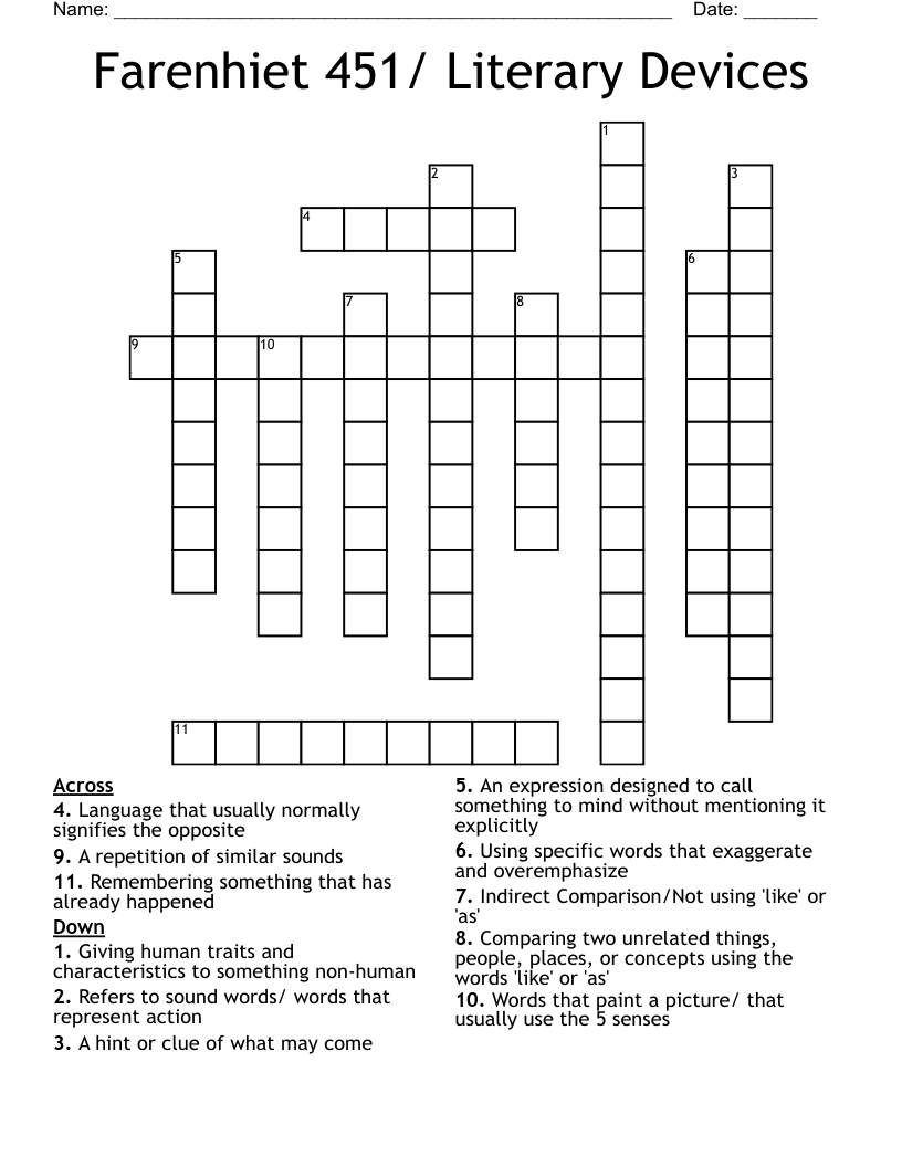 Farenhiet 451/ Literary Devices Crossword