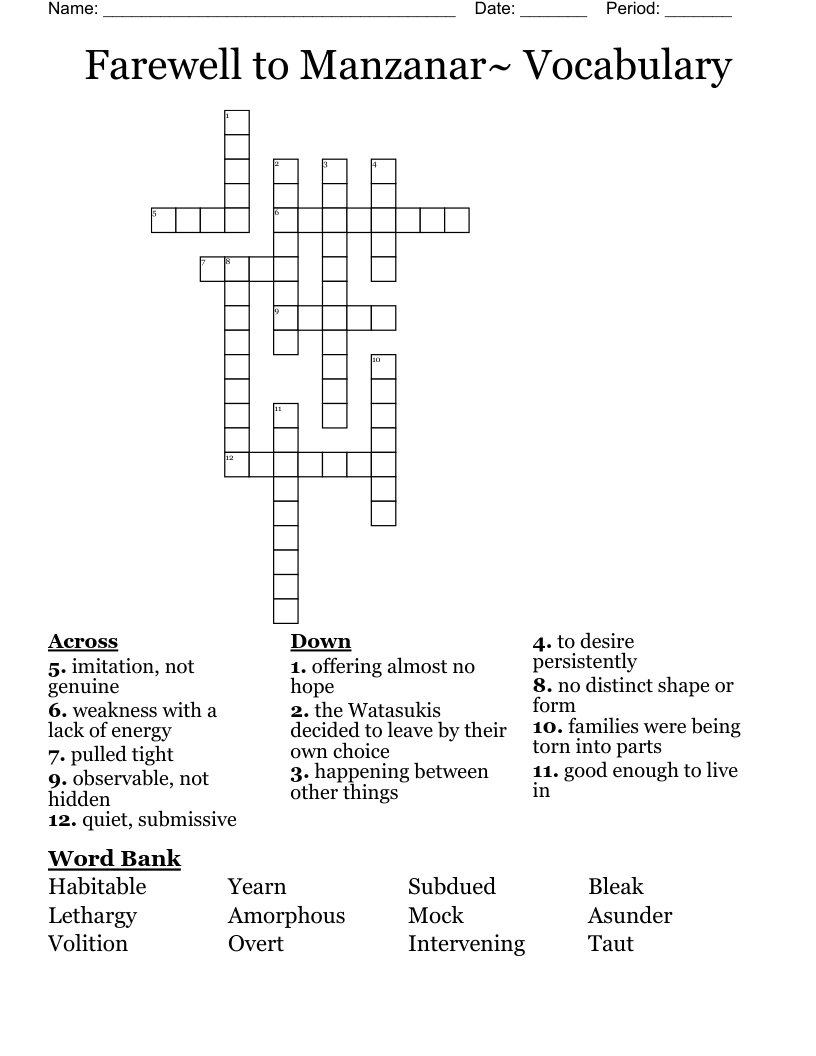 Farewell to Manzanar~ Vocabulary Crossword