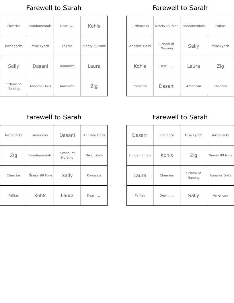Farewell to Sarah Bingo Cards