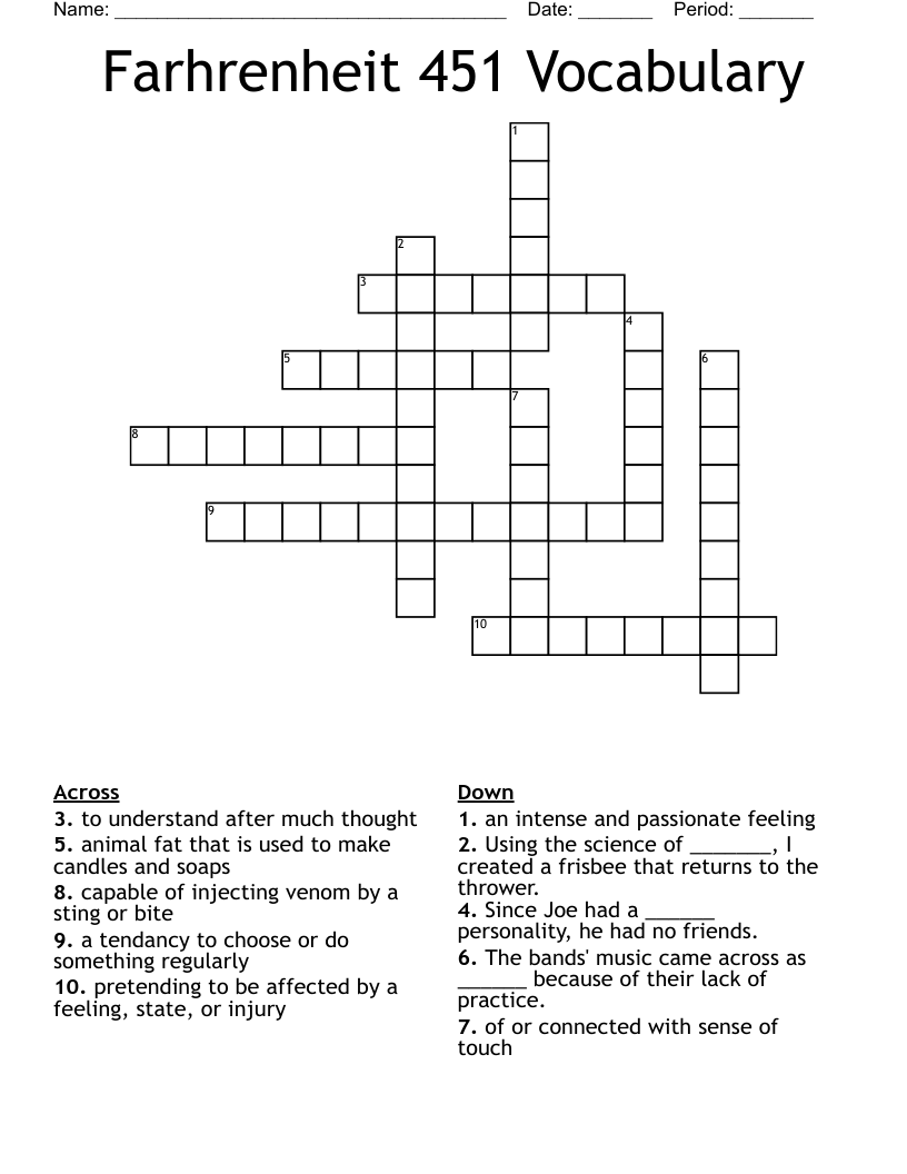 Farhrenheit 451 Vocabulary Crossword