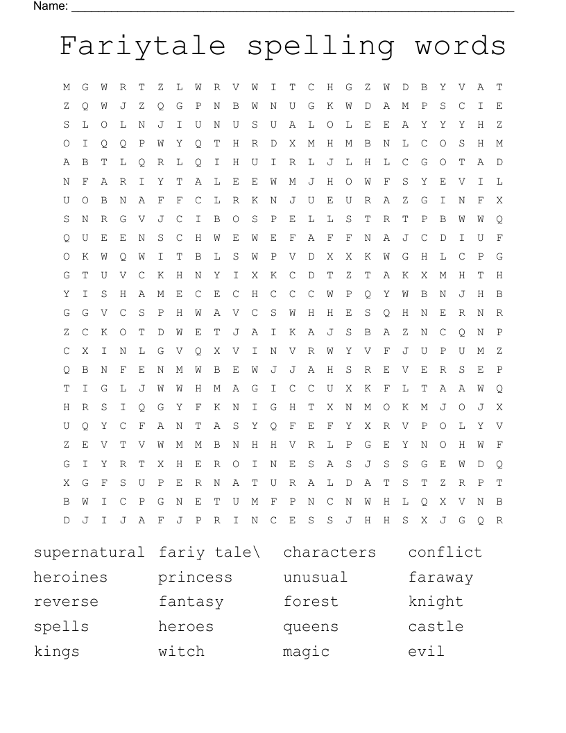 Fariytale spelling words Word Search