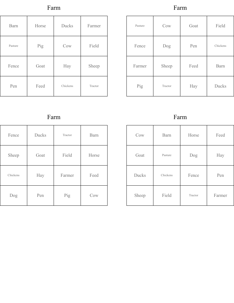 Farm Bingo Cards