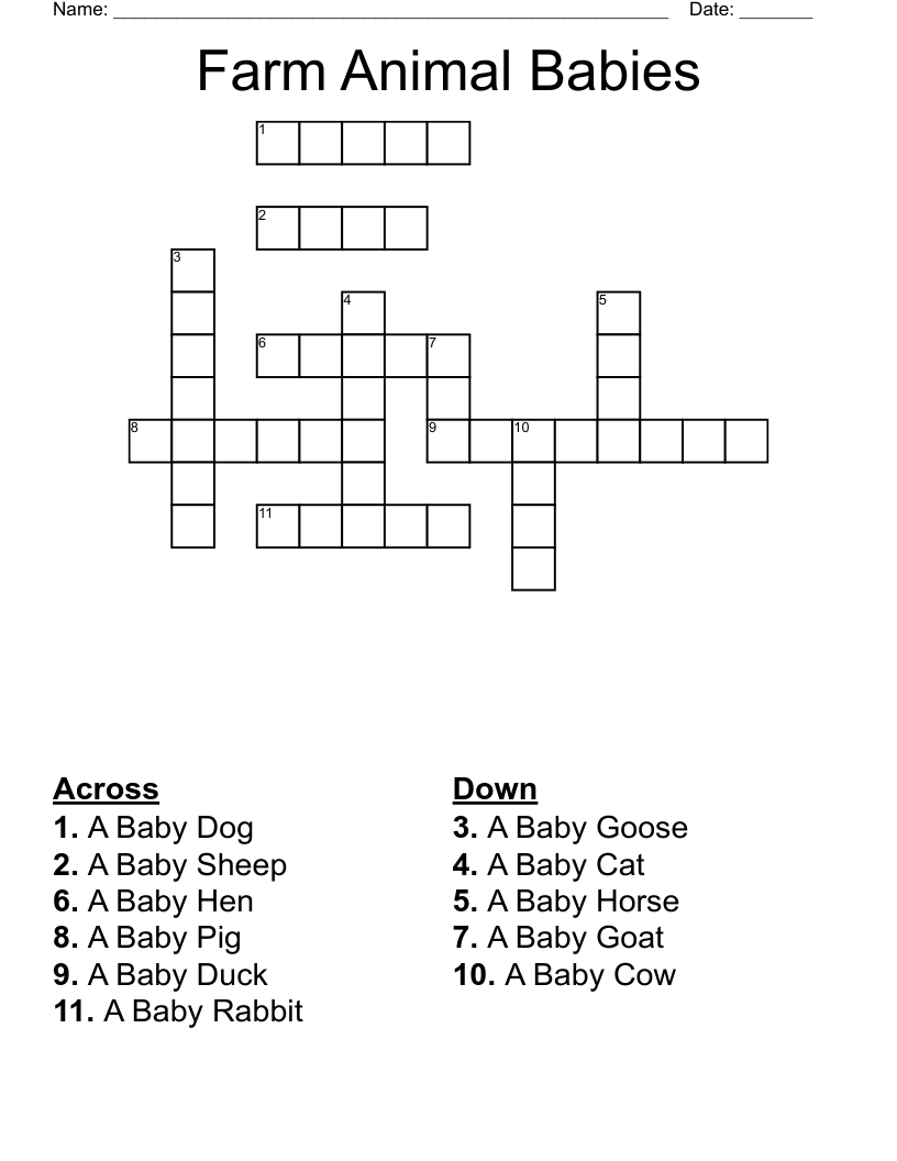Farm Animal Babies Crossword