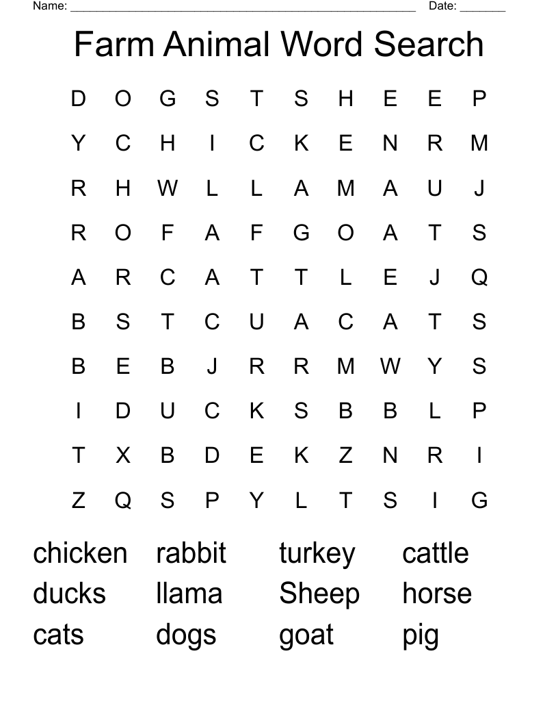 Farm Animal Word Search