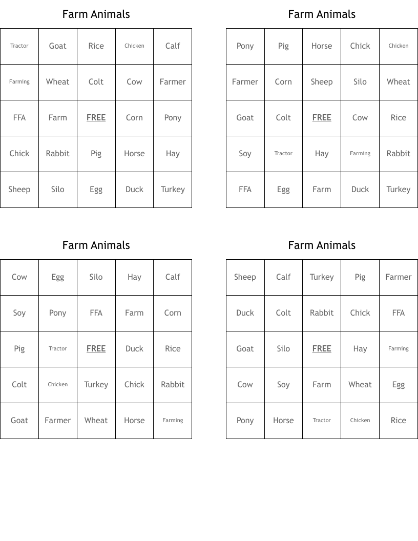 Farm Animals Bingo Cards