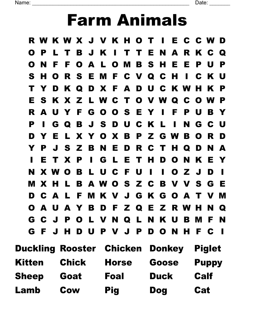 Farm Animals Word Search