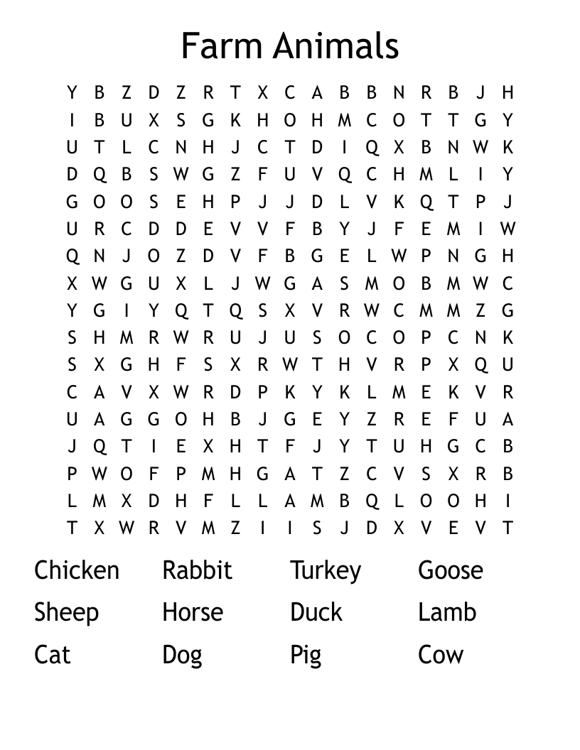 Farm Animals Word Search