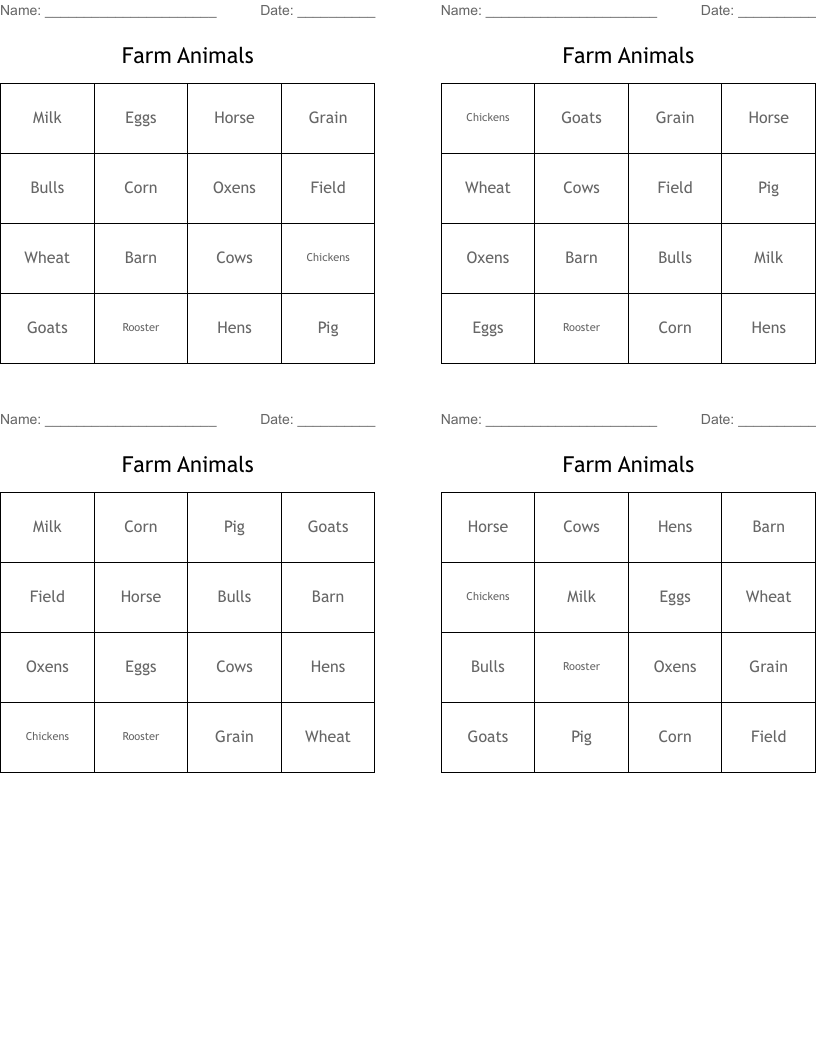 Farm Animals Bingo Cards