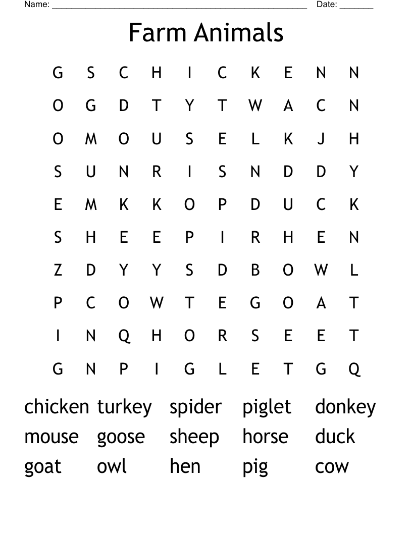 Farm Animals Word Search