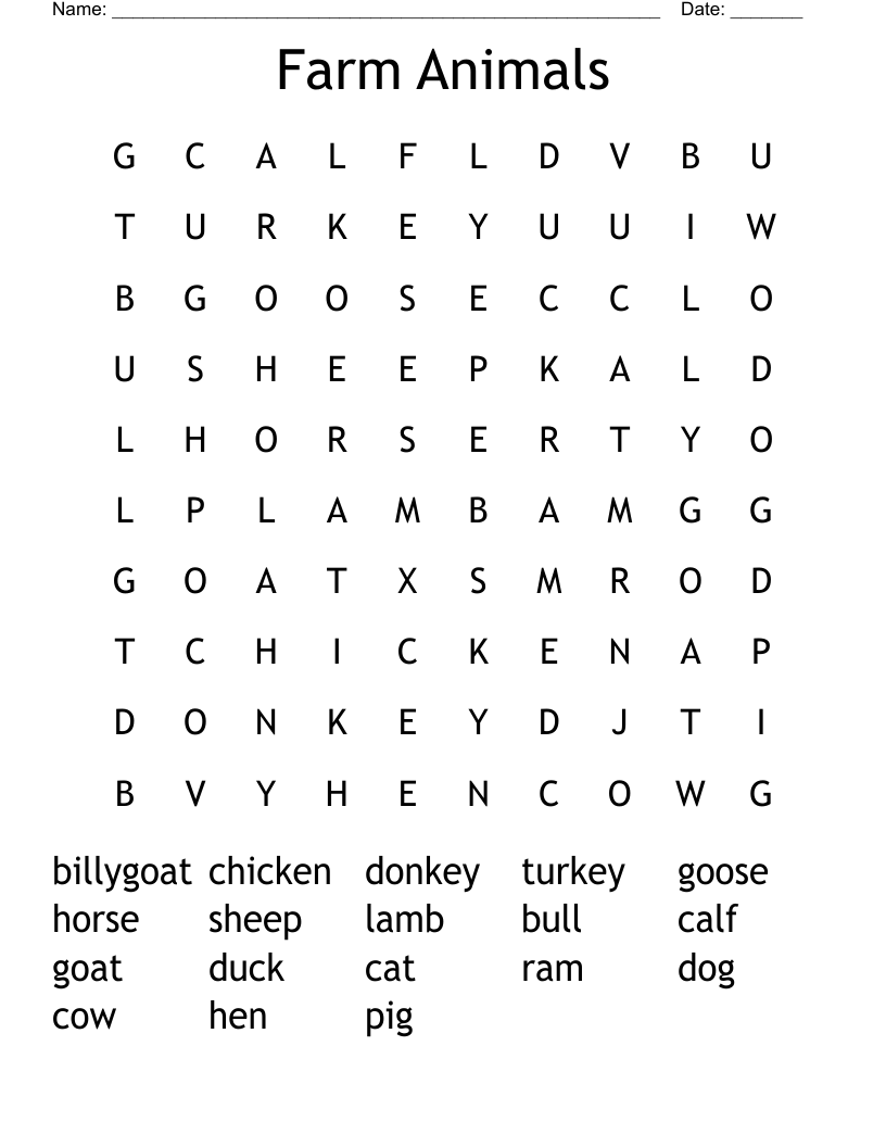 Farm Animals Word Search
