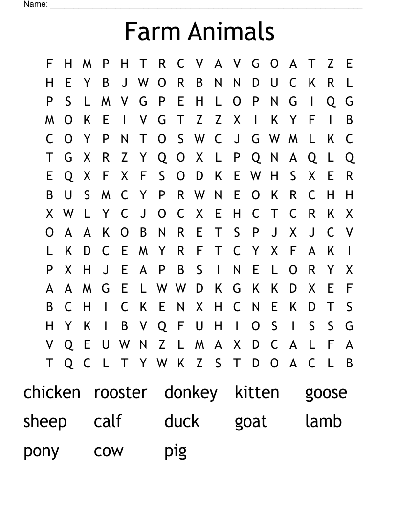 Farm Animals Word Search