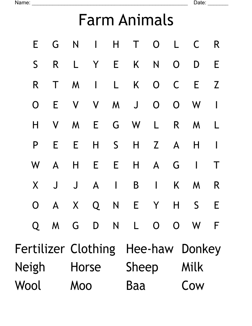 Farm Animals Word Search