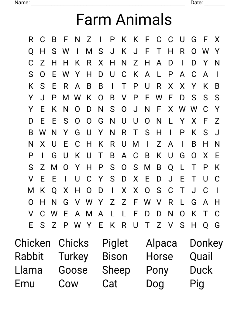 Farm Animals Word Search