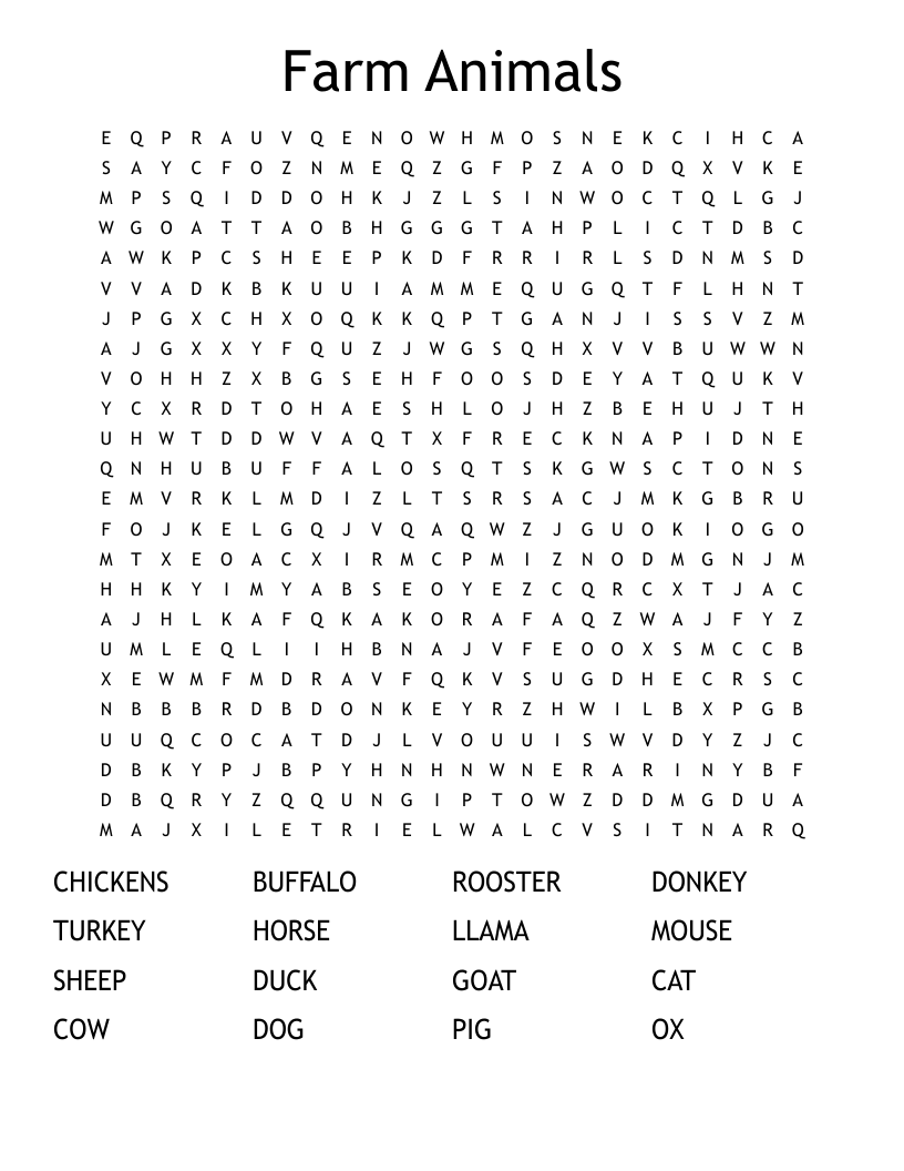 Farm Animals Word Search