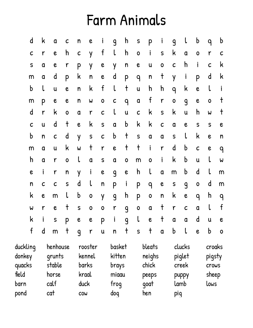 Farm Animals Word Search