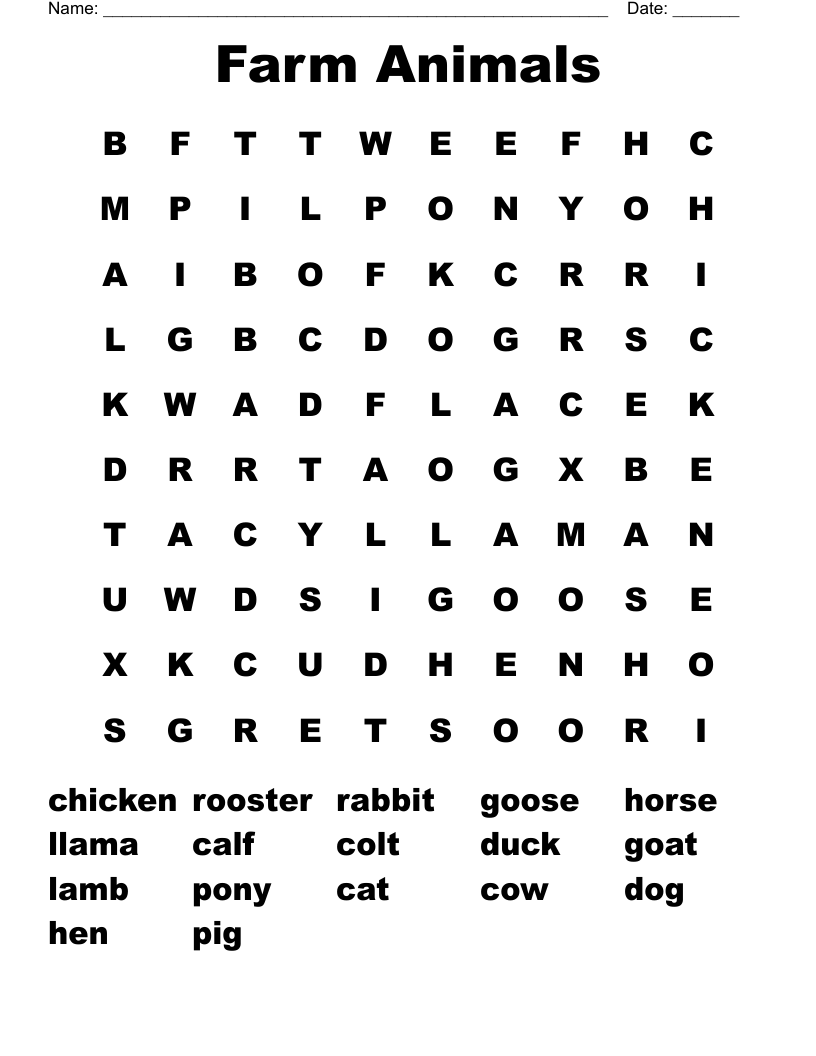 Farm Animals Word Search