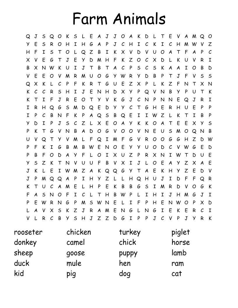 Farm Animals Word Search