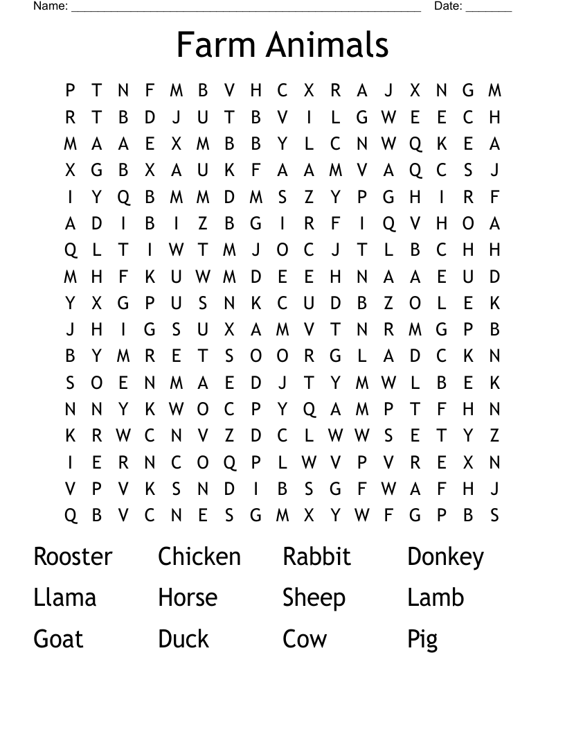 Farm Animals Word Search