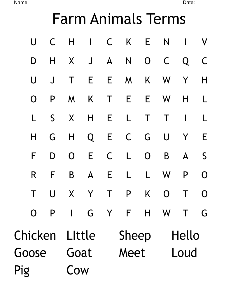 Farm Animals Terms Word Search