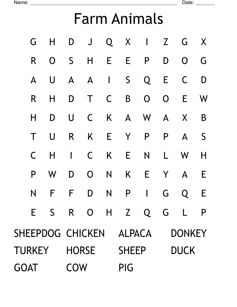 Farm Animals  Word Search