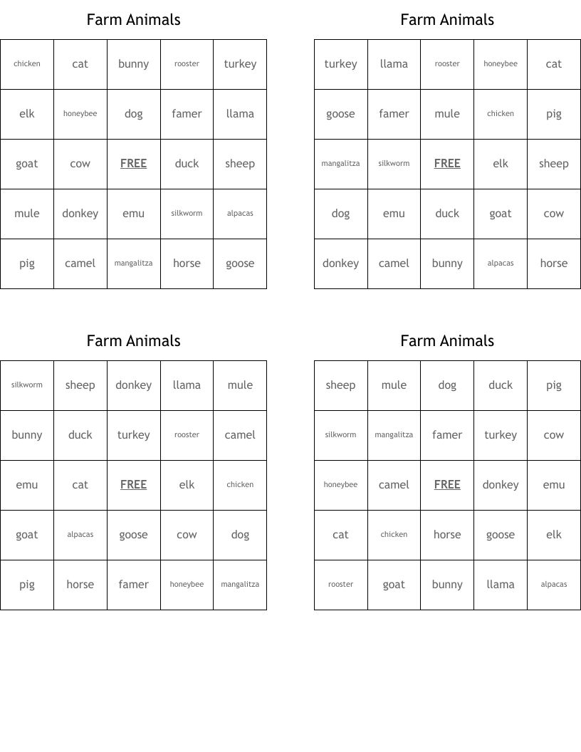 Farm Animals  Bingo Cards