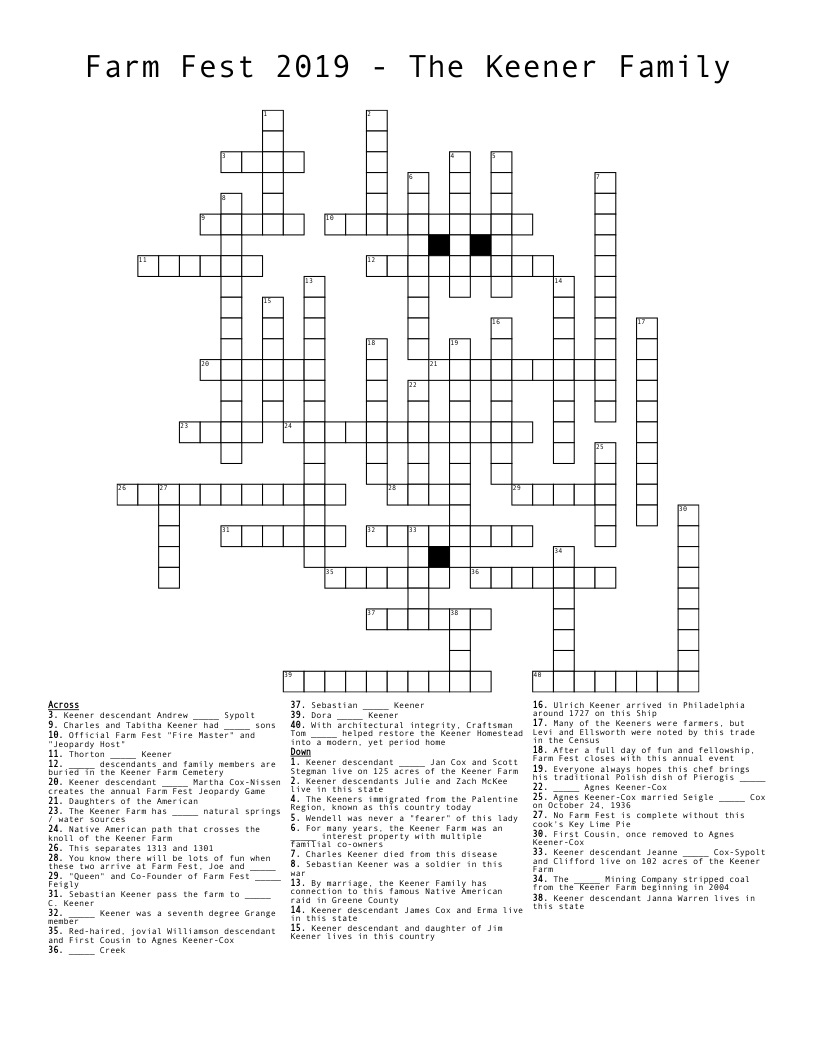 Farm Fest 2019 - The Keener Family Crossword
