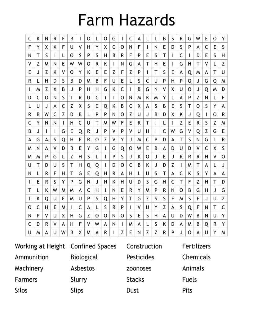 Farm Hazards Word Search