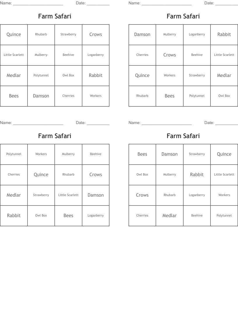 Farm Safari Bingo Cards