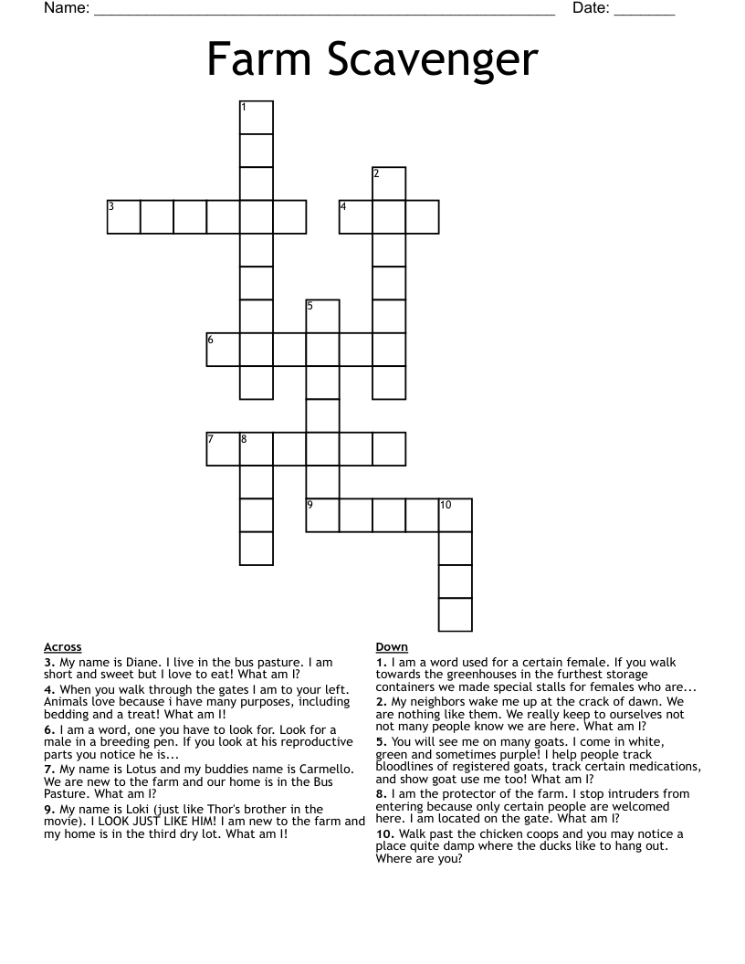 Farm Scavenger Crossword