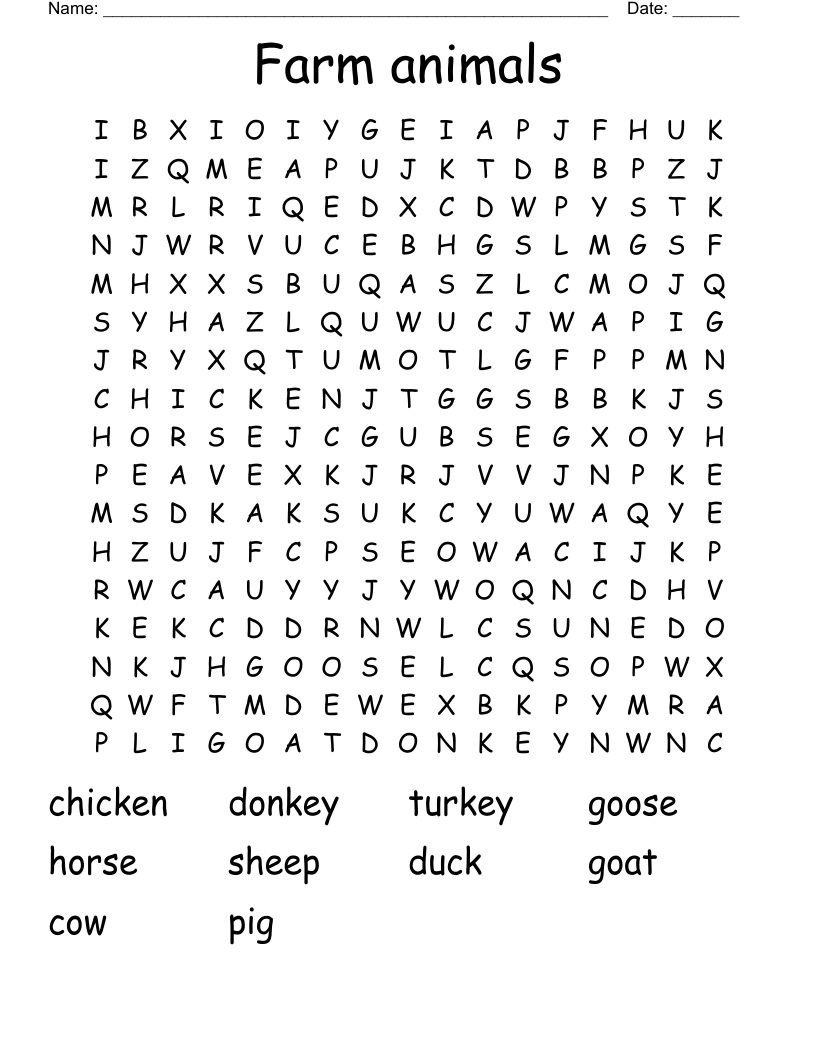 Farm animals Word Search