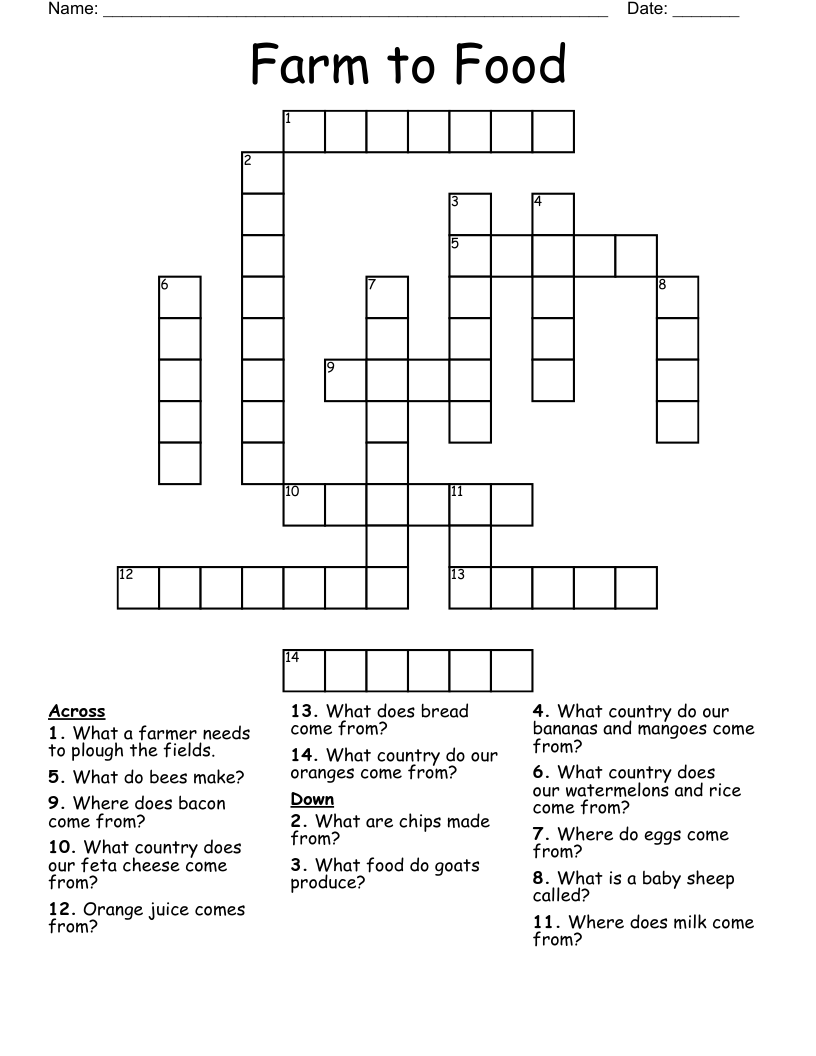 Farm to Food Crossword
