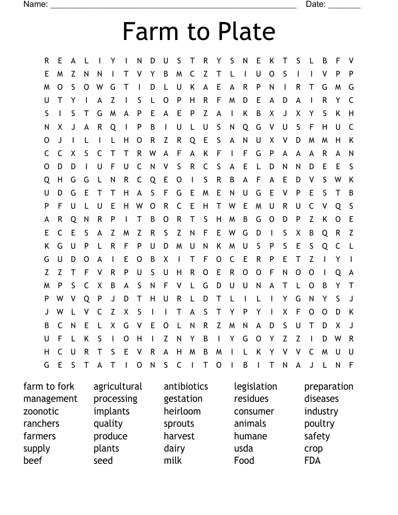 Farm to Plate Word Search