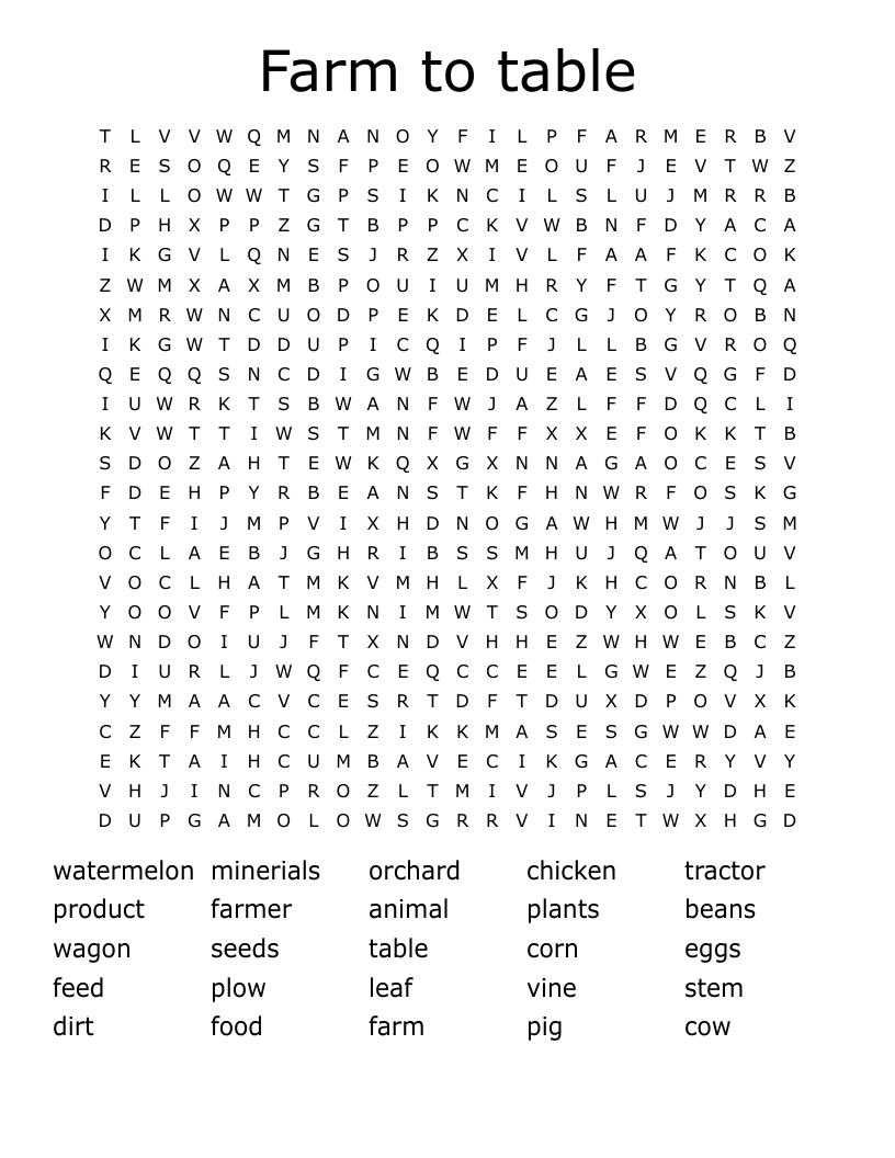 Farm to table Word Search