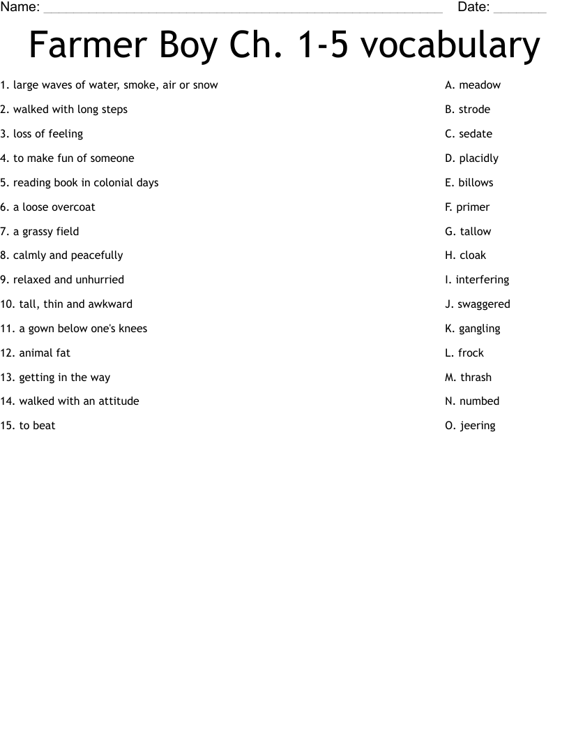 Farmer Boy Ch. 1-5 vocabulary Worksheet