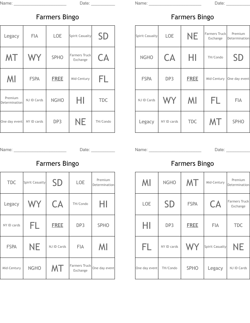 Farmers Bingo