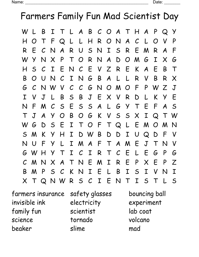 Farmers Family Fun Mad Scientist Day Word Search