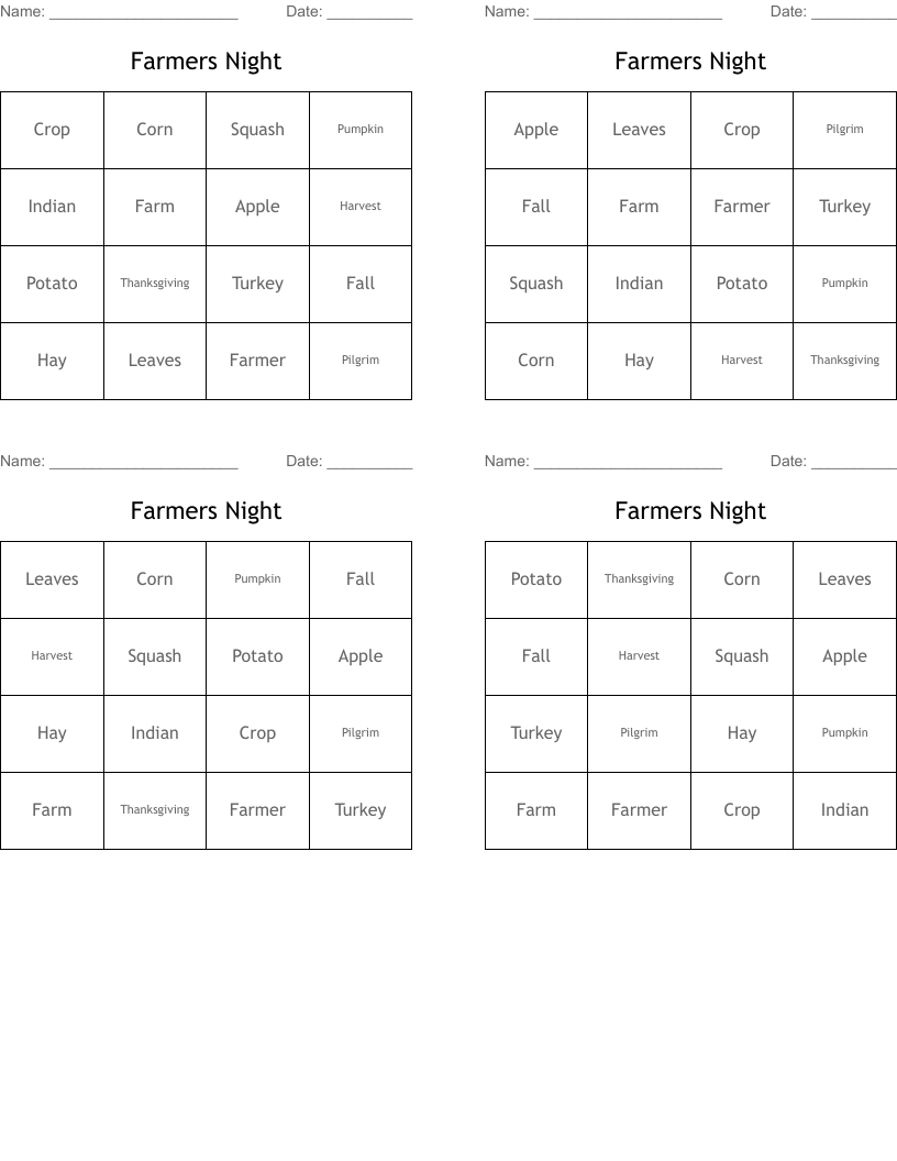 Farmers Night Bingo Cards