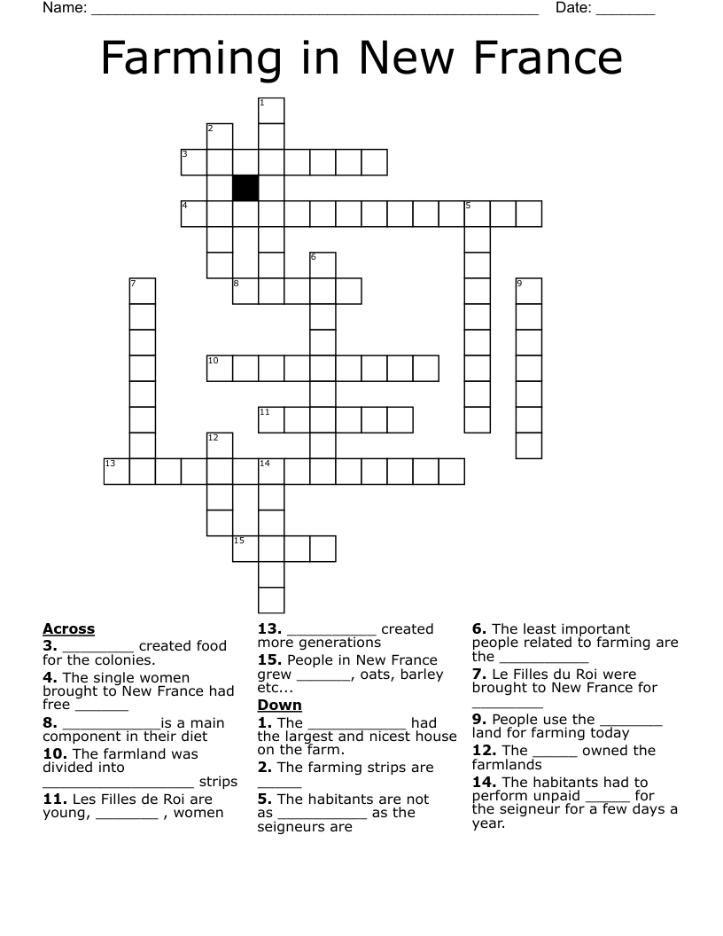 Farming in New France Crossword