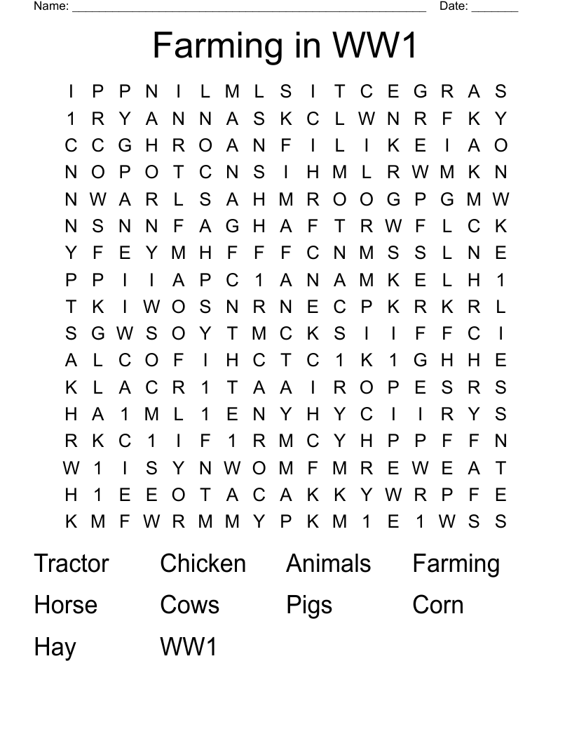 Farming in WW1 Word Search
