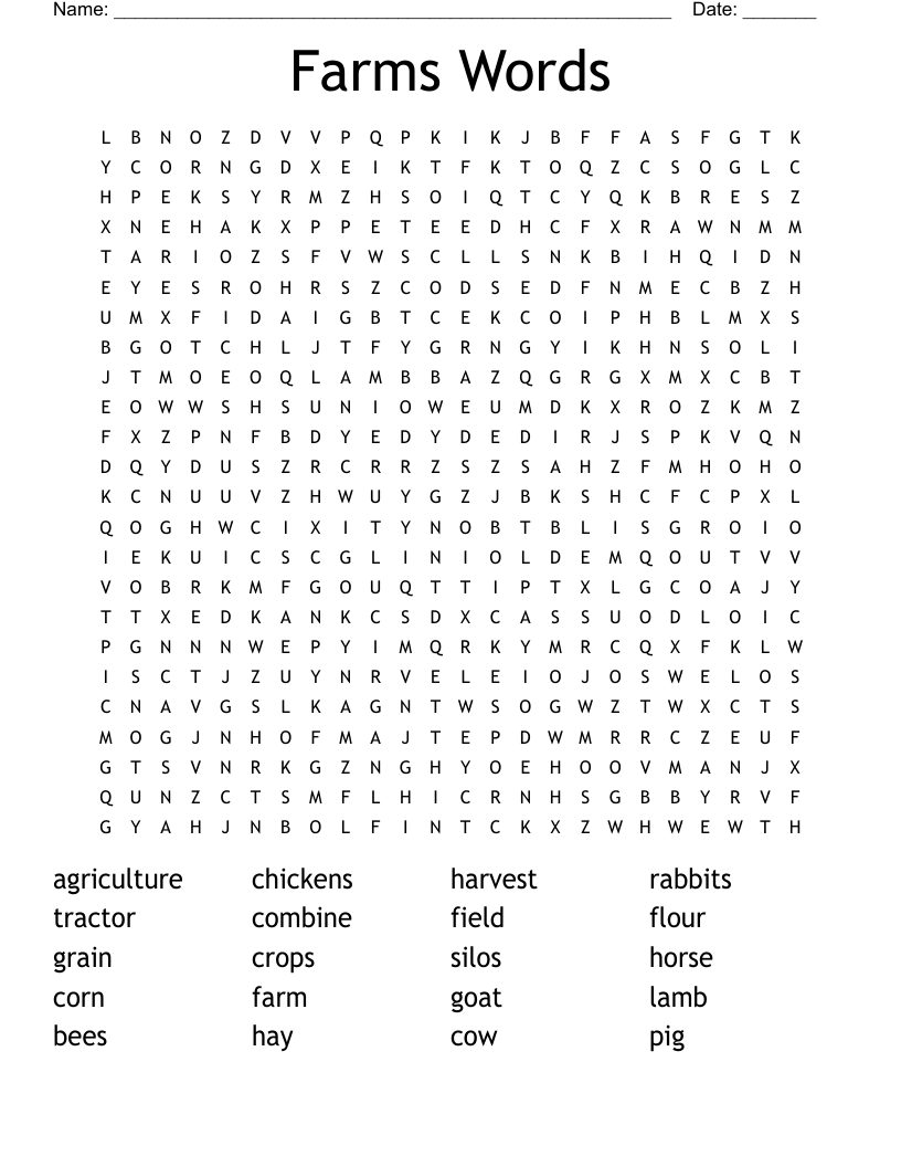 Farms Words Word Search
