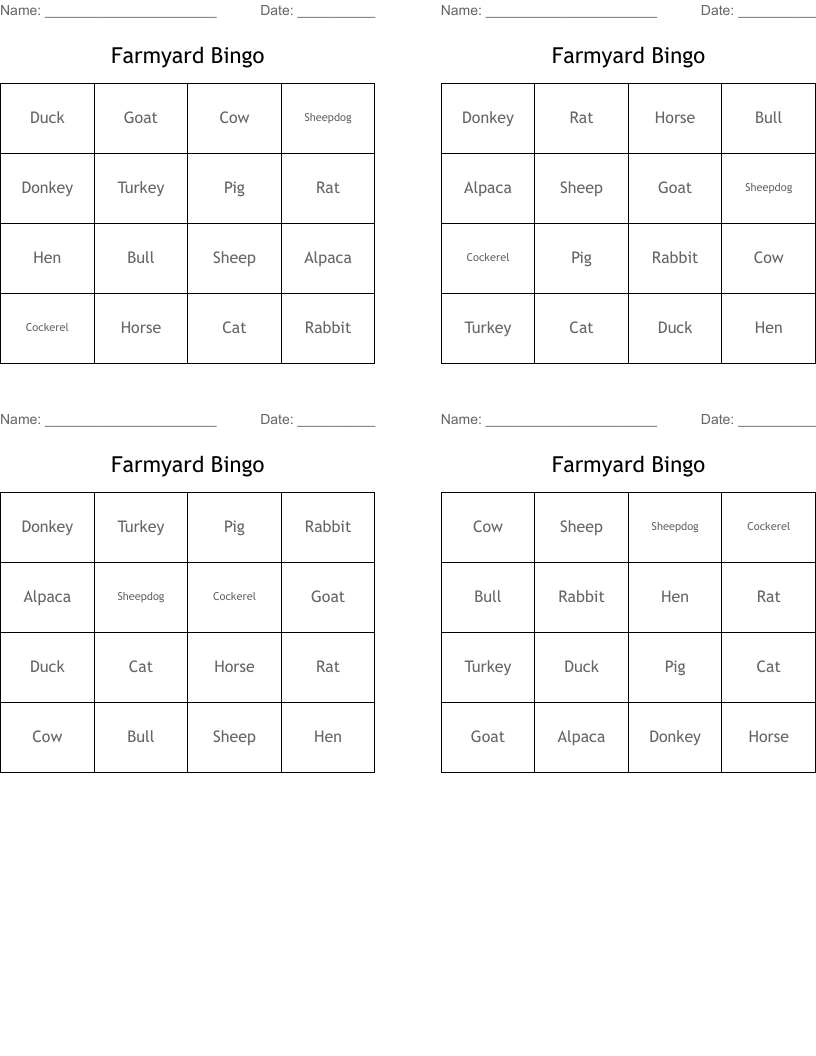 Farmyard Bingo